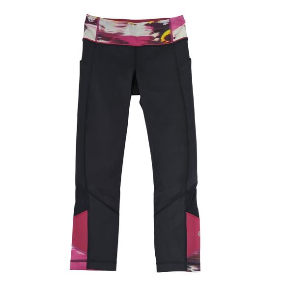 Lululemon‎ Pace Rival Crop Leggings Capri Women's 4 Black Patterned Trim Pockets - Picture 1 of 7